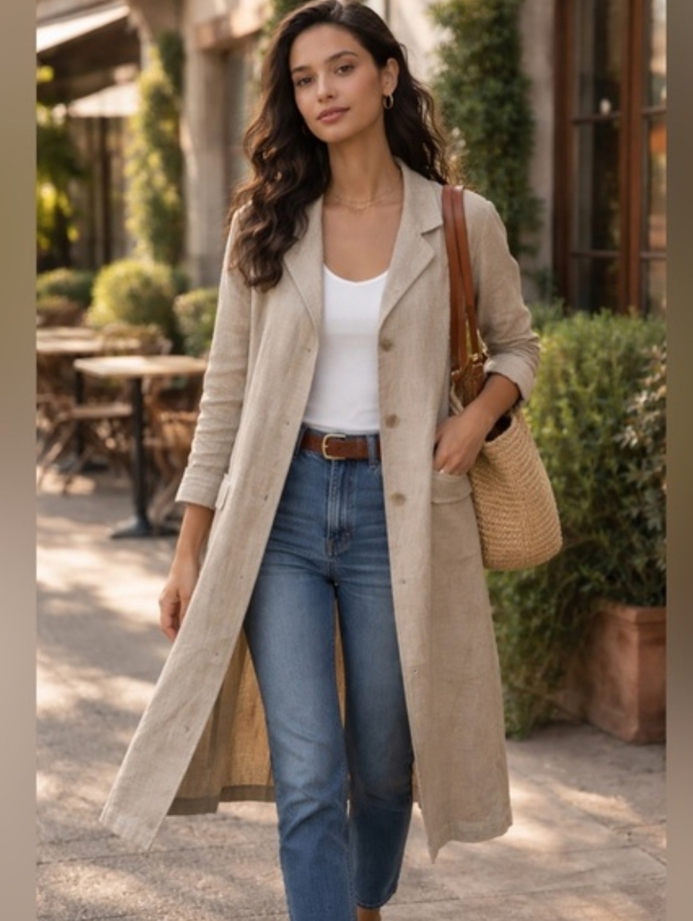 Sundance 100% Linen Trench Duster Tan Longline Coastal Capsule Khaki Medium